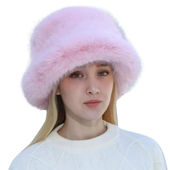 Yigetop Furry Hat Women Fashion Solid Color Mink Hat Windproof Warm Dome Hat Casual Plush in Winter Fuzzy Bucket Hats for Woman Pink One Size
