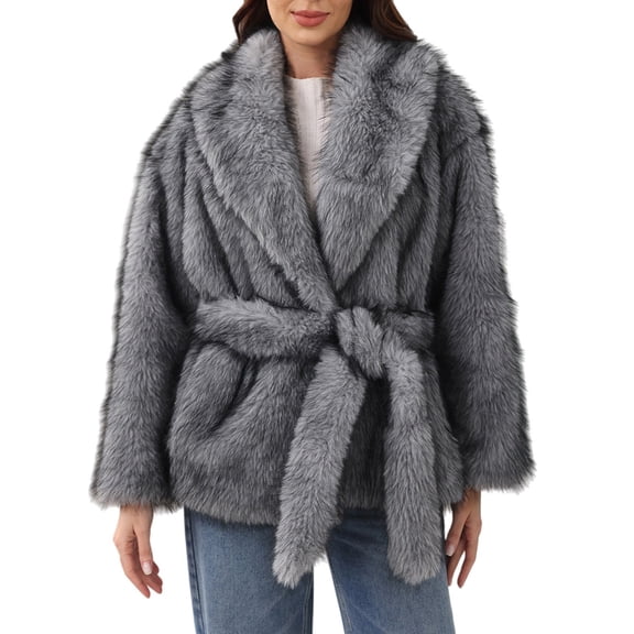 Yigetop Furry Jackets for Women Womens Cute Faux Fur Warm Coats with Belt Long Sleeve Lapel Furry Winter Jacket Plus Size Fur Coats for Women Dark Gray 2XL
