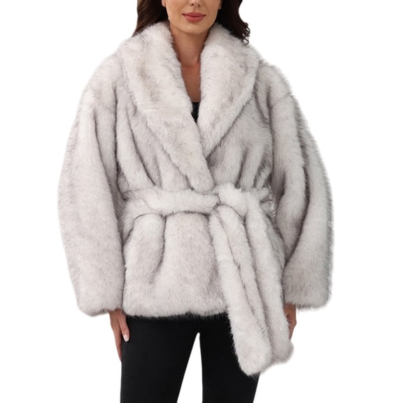 Yigetop Furry Jackets for Women Womens Cute Faux Fur Warm Coats with Belt Long Sleeve Lapel Furry Winter Jacket Plus Size Fur Coats for Women White M