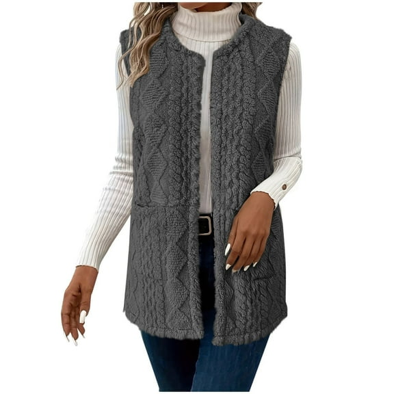 Yigetop Furry Vest Women Women's Fashion Fuzzy Vest Outerwear Casual Solid Color Plush Pocket Vest Jacket Winter Vest for Women Grey S