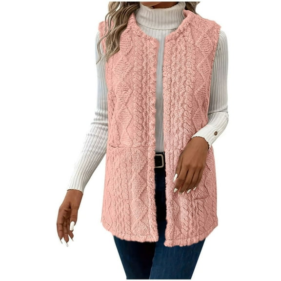 Yigetop Furry Vest Women Women's Fashion Fuzzy Vest Outerwear Casual Solid Color Plush Pocket Vest Jacket Winter Vest for Women Pink L
