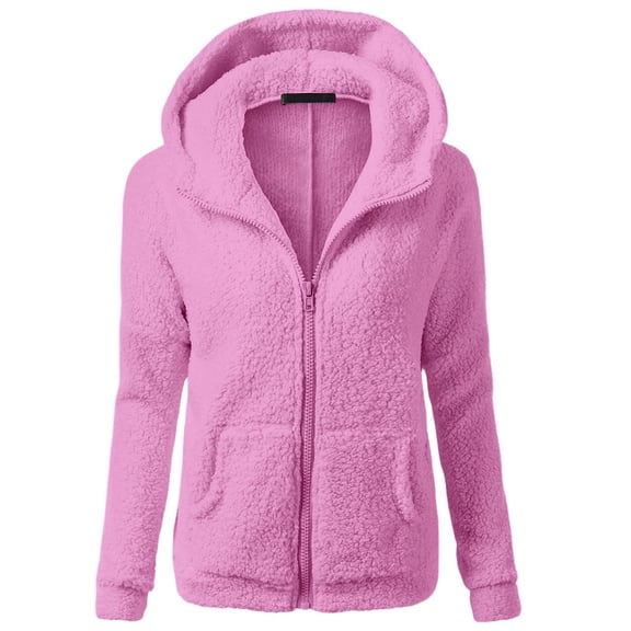 Yigetop Fuzzy Jackets for Women Women Zipper Hoodie Hooded Sweater Coat Winter Warm Wool Zipper Coat Cotton Coat Outwear Jackets for Women Hot Pink, 2XL