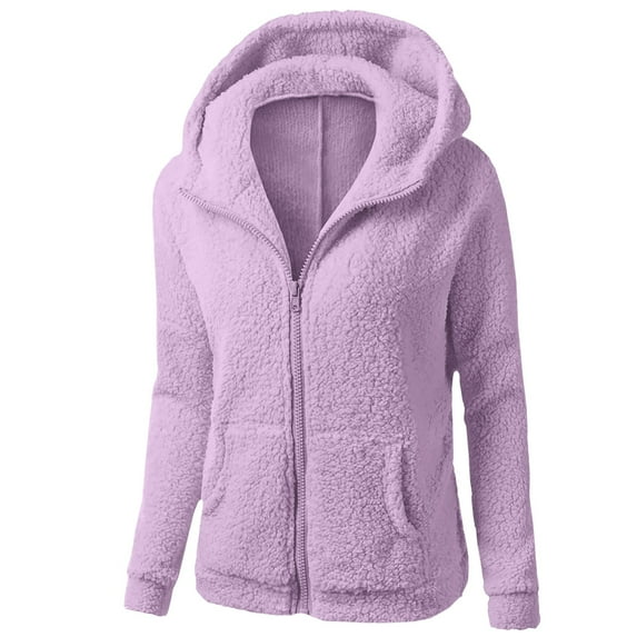 Yigetop Fuzzy Jackets for Women Women Zipper Hoodie Hooded Sweater Coat Winter Warm Wool Zipper Coat Cotton Coat Outwear Jackets for Women Purple, M