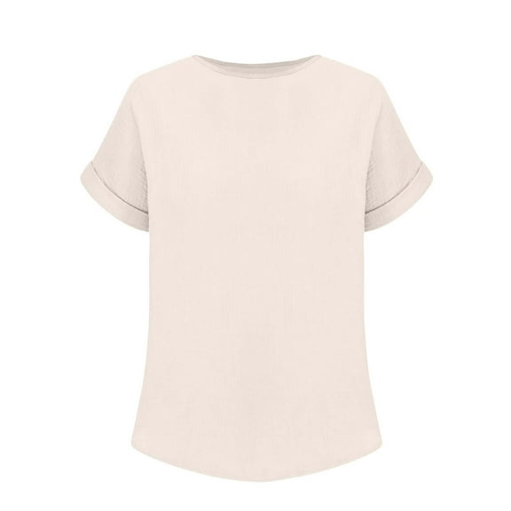Yigetop Gauze Shirts for Women, Women's Summer Solid Color Casual Loose Double Wrinkle Solid Color Round Neck Short Sleeved T Shirt Cotton Linen Tops for Women Beige 3XL