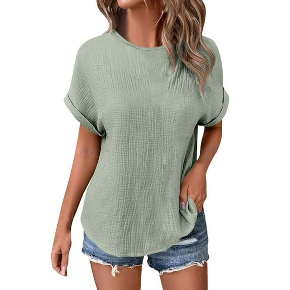 Yigetop Gauze Shirts for Women, Women's Summer Solid Color Casual Loose Double Wrinkle Solid Color Round Neck Short Sleeved T Shirt Cotton Linen Tops for Women Mint Green 3XL