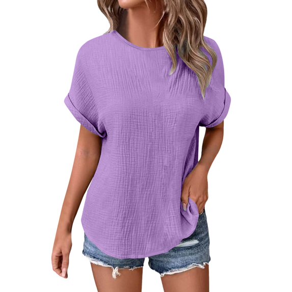 Yigetop Gauze Shirts for Women, Women's Summer Solid Color Casual Loose Double Wrinkle Solid Color Round Neck Short Sleeved T Shirt Cotton Linen Tops for Women Purple 2XL