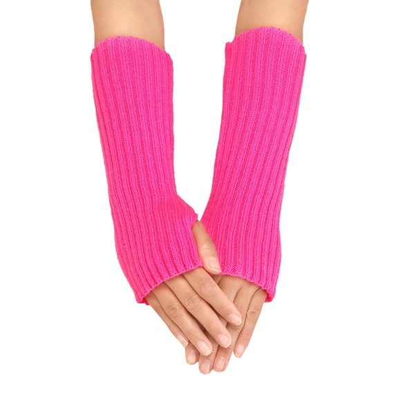 Yigetop Hand Warmers Gloves Women Autumn and Winter Solid Color Multicolor Wool Long Striped Knit Half Finger Gloves Long Fingerless Gloves Hot Pink One Size