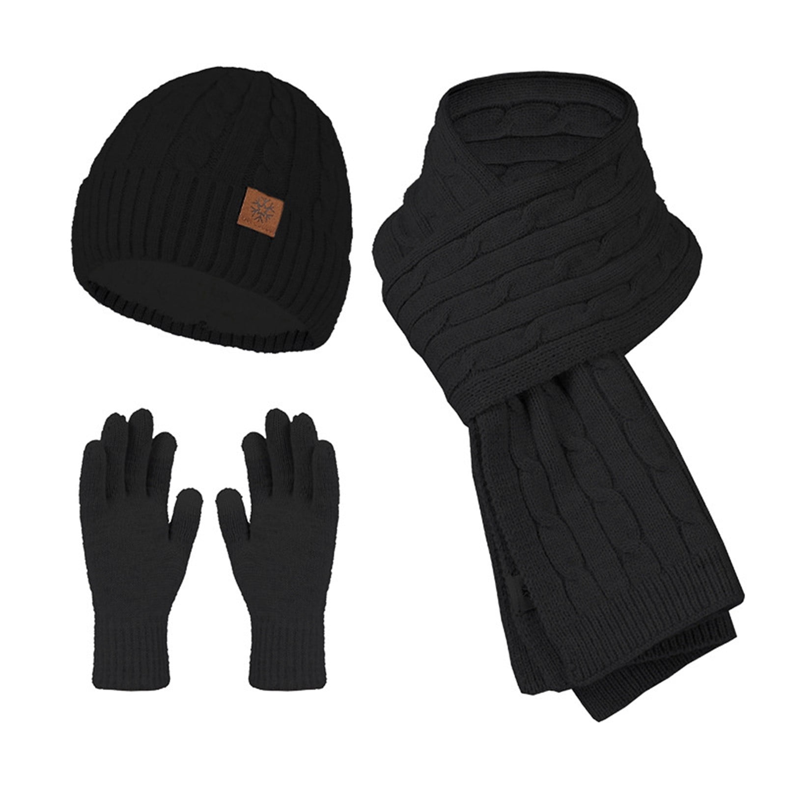 Black and White Fleece Winter Beanie, Scarf, and Gloves Set