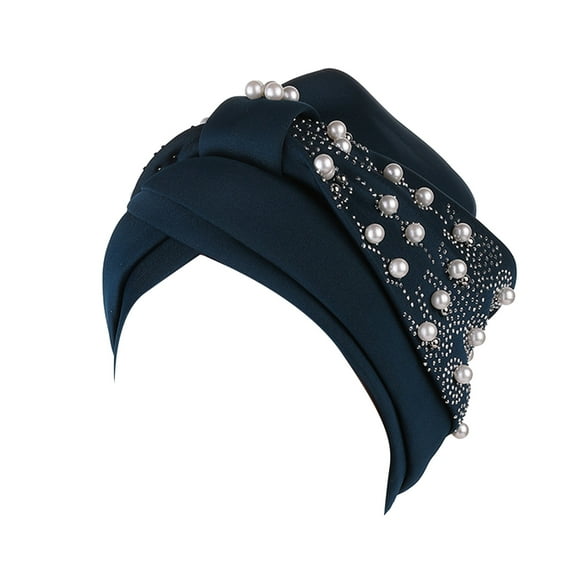 Yigetop Head Scarf for Women's Hair Womens Fashion Solid Color Hot Diamond Pearl Headband Womens Elastic Headband Cap Headband Cap Beanie for Women Navy one Size