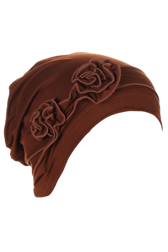 Hijab Cap Flower Head Hat Cap Ethnic Bohemian Floral Hair Cover Wrap Turban Headwear Turban Cap Pleated Hat Muslim Head Scarf for Women Coffee one Size