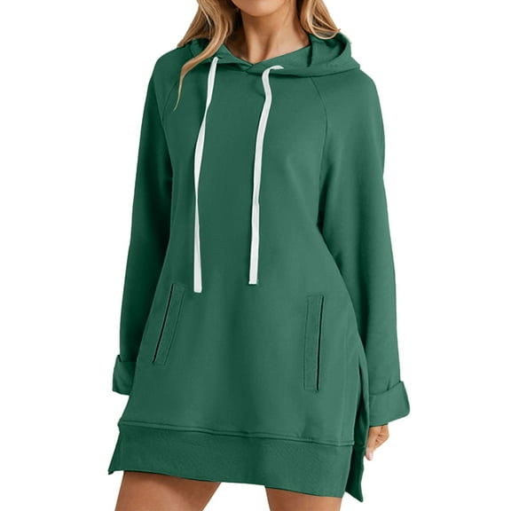 Yigetop Hoodie Dress, Fashion Casual Women's Warm Sweatshirt Long Sleeve O Neck Soft Solid Shirt Ladies Winter Sweatshirts Tops Oversize Hoodies for Women Green L
