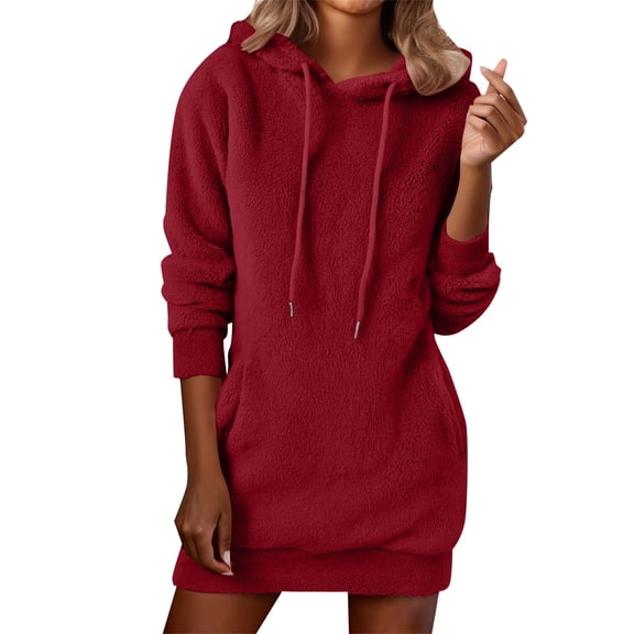 Yigetop Hoodie Dress for Women Hoodie Women Slim Fit Long Sweater Dress Long Sleeve Pullover Hoodie with Pocket Warm Winter Tops Clothes Fuzzy Dress Red S