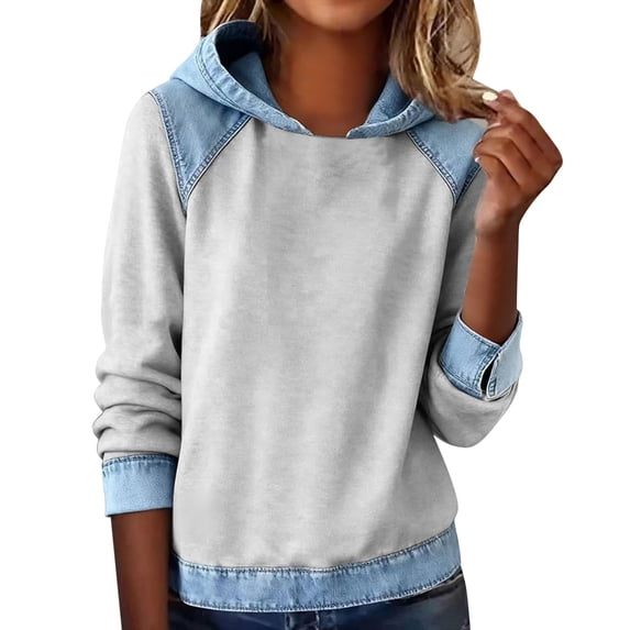 Yigetop Hoodie Sweatshirt for Women Women's Denim Patchwork Hoodies Sweatshirts Cute Long Sleeve Soft Casual Pullover Cute Shirts for Women Silver S