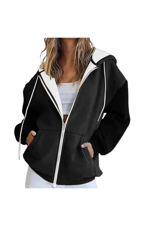 Hoodie Women, Women's Fall Jacket Oversized Pocket Sweatshirt Casual Clothing Zipper Track Jacket Solid Color Long Sleeve Tops Sweatshirt for Women Black XL