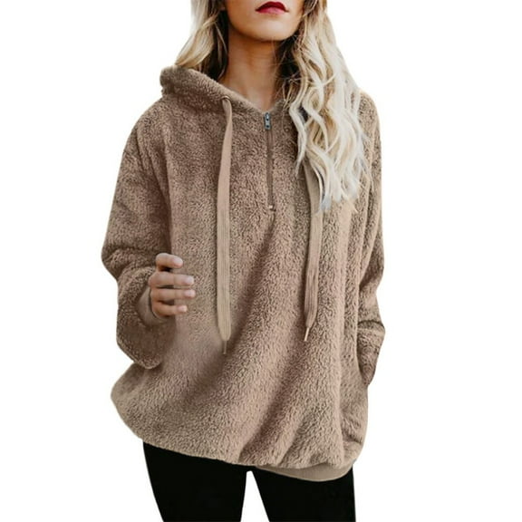 Yigetop Hoodies for Women Cotton Outwear Zipper Sweatshirt Coat Hooded Wool Warm Pockets Women Winter Coat Women's Fleece Jackets Coats Fluffy Sweaters for Women Light Khaki 2XL