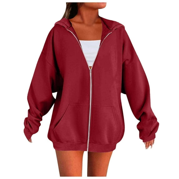 Yigetop Hoodies Zip Up, Women's Fall Zipper Long Sleeve Hoodie Hooded Sweatshirt Top Outdoor Sweatshirt Shirt Zip Up Jacket Red M