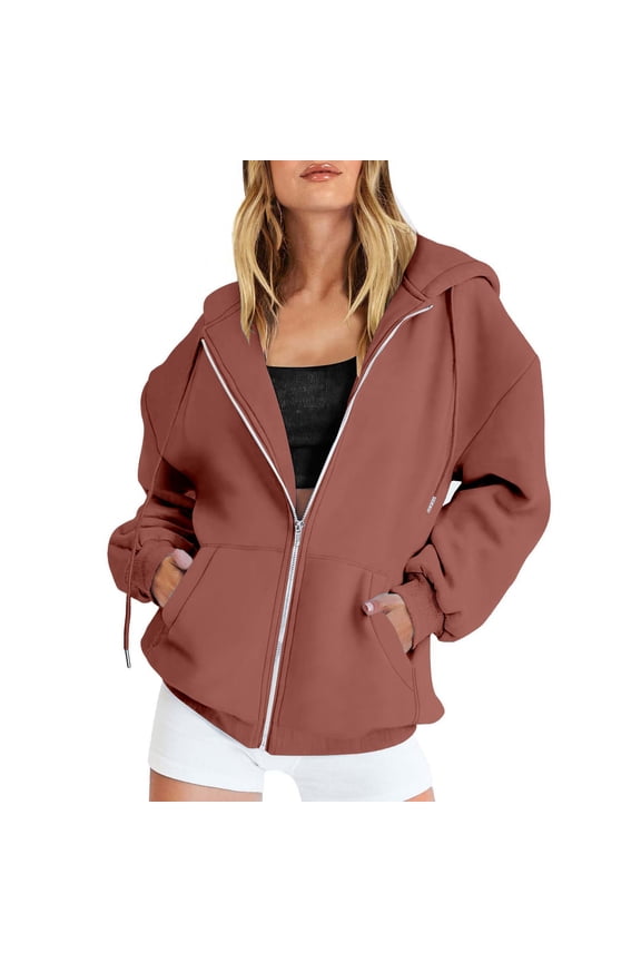 Jackets for Women Women's Fall Jacket Oversized Pocket Sweatshirt Casual Drawstring Clothing Zipper Track Jacket Solid Color Long Sleeve Hooded Top Hoodies for Women Pink XL