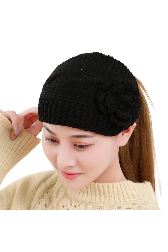Knit Hats for Women Autumn and Winter Warm Knitted Yarn Headband Hat Flower Headband Headdress Covered Headband Bonnet Black One Size