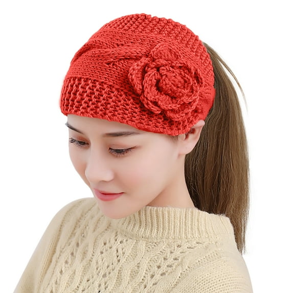 Yigetop Knit Hats for Women Autumn and Winter Warm Knitted Yarn Headband Hat Flower Headband Headdress Covered Headband Bonnet C One Size