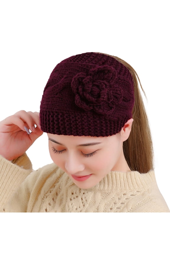 Knit Hats for Women Autumn and Winter Warm Knitted Yarn Headband Hat Flower Headband Headdress Covered Headband Bonnet Purple One Size