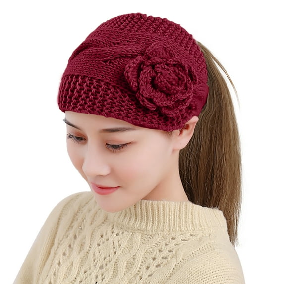 Yigetop Knit Hats for Women Autumn and Winter Warm Knitted Yarn Headband Hat Flower Headband Headdress Covered Headband Bonnet Red2 One Size