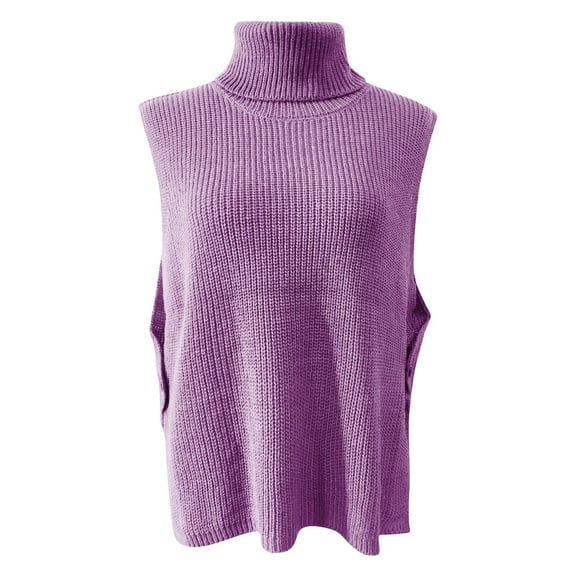 Yigetop Knit Vest for Women Ladies' Solid Color Knit Turtleneck Pullover Loose Sleeveless Vest Sweater Vest Women Purple XL