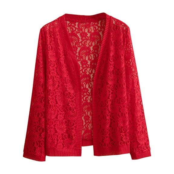Yigetop Lace Cardigan for Women, Women's Cardigans Autumn Jackets for Women Lightweight Solid Color Beach Lace Side Open Front Casual Thin Cover Up Cardigan Lace Shrugs for Women Red 3XL