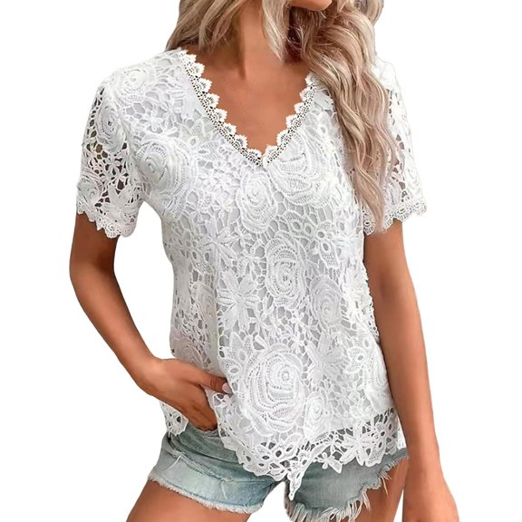 Yigetop Lace Short Sleeve Tops for Women, Summer Tops for Women Lace Crochet Embroidery Crewneck T Shirts Casual Short Sleeve Elegant Work Blouses Womens Lace Top White 5XL