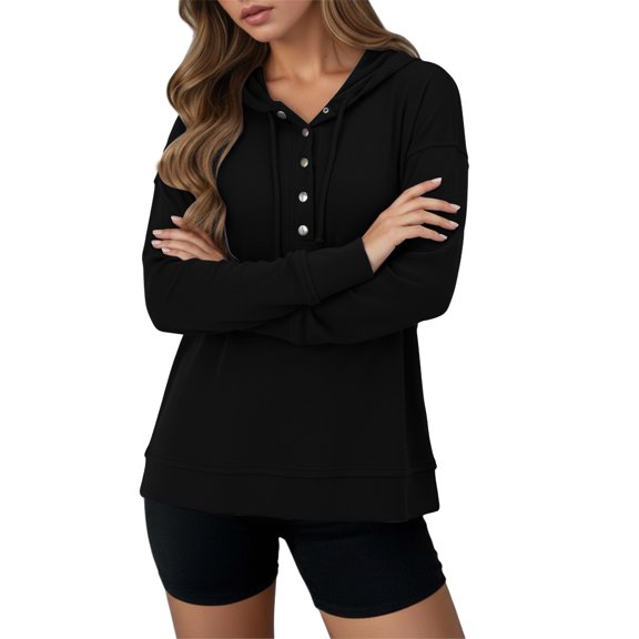 Yigetop Ladies Fall Tops, Womens Oversized Hoodies Knit Textured Long Sleeve Hoodie Side Slit Button Down V Neck Sweatshirt Casual Pullover Tops Womens Hoodies Black S