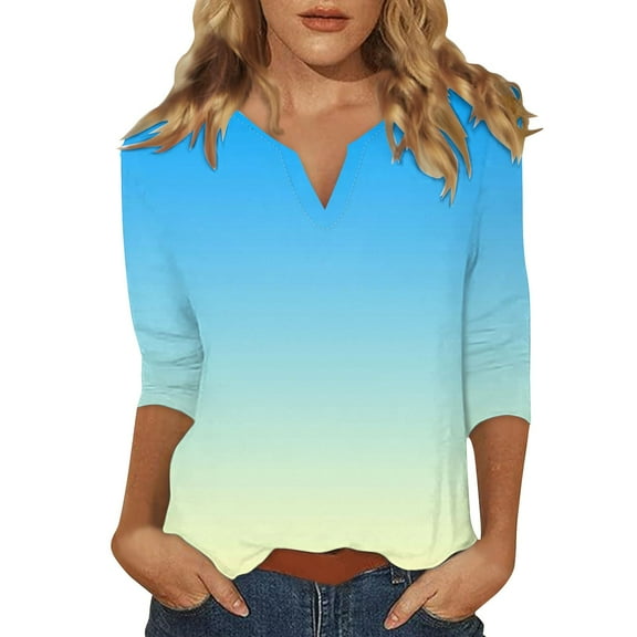 Yigetop Ladies Tops 3/4 Sleeve Tops for Women Summer Notched V Neck Plain T Shirts Casual Cute Three Quarter Length Blouses Women's 3/4 Sleeve Tops Sky Blue M