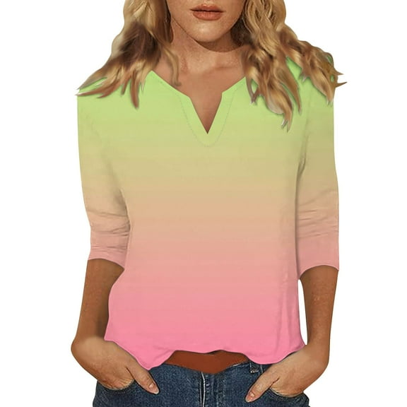 Yigetop Ladies Tops 3/4 Sleeve Tops for Women Summer Notched V Neck Plain T Shirts Casual Cute Three Quarter Length Blouses Women's 3/4 Sleeve Tops Watermelon Red M