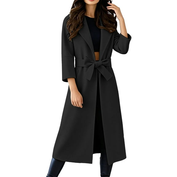 Yigetop Ladies Winter Coats Winter Coat Women's Long Coat Warm Elegant Women's Coats with Belt Coat Winter Jacket Windproof Wool Coat Long Coat Black L