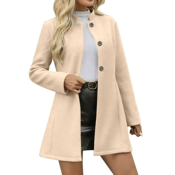 Yigetop Ladies Winter Coats Women's Winter Overcoat Mid Long Stand Collar Casual Single Breasted Coat Outerwear Open Front Overcoat Fall Coats for Women 2025 Beige 2XL