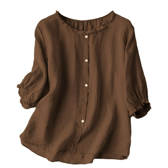Yigetop Lightweight Tops & Blouses! Women's Loose Linen Short Sleeve Shirt Retro Round Neck Slimming Plus Size Summer Shirts for Women Coffee 3XL