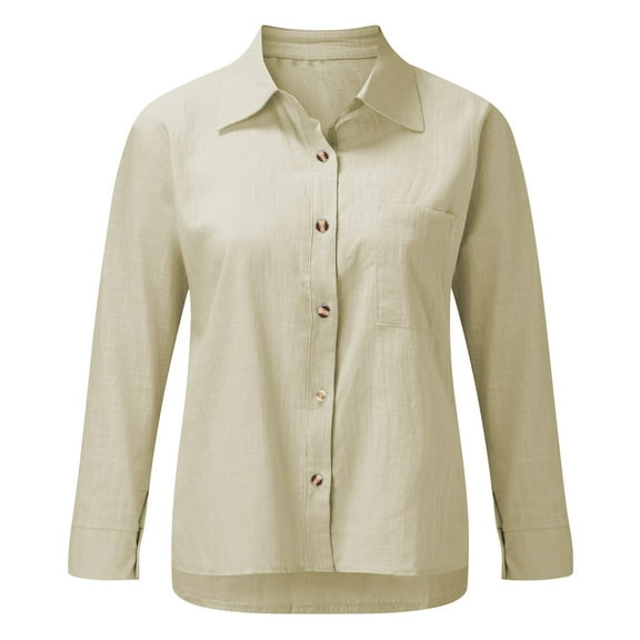 Yigetop Linen Button Down Shirt Women! Womens Casual Long Sleeve Cotton Blouse Loose Fit Collared Work Gauze Tops with Pocket Womens Linen Tops Beige XL