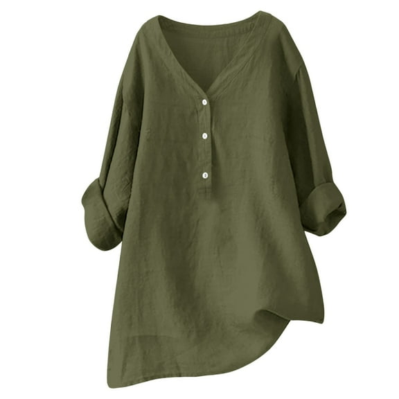 Yigetop Linen Tops for Women Women's Solid Color V Neck Button Down Cotton Linen Long Sleeved Blouse Linen Shirts for Women Army Green M