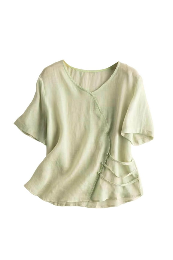 Linen Tunic Tops for Women, Women's 2025 Summer Retro Plate Button Embroidered Shirt New Chinese Loose Tilt Tea Clothes Top Short Sleeved T Shirt Spring Shirts Women Green XL