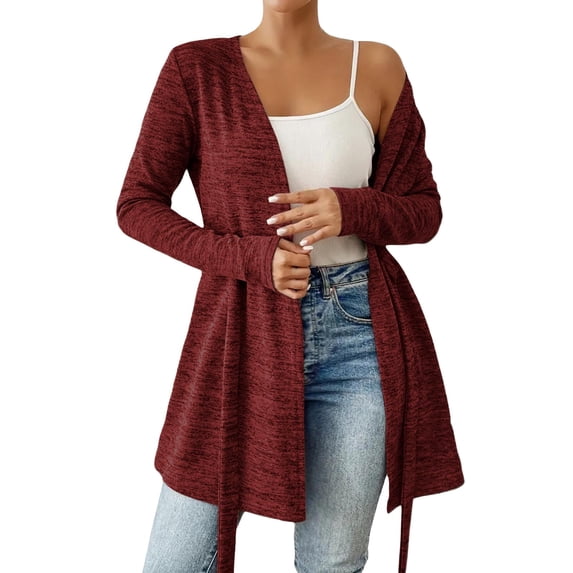 Yigetop Long Cardigans for Women, Womens Tie Front Cardigans Lightweight Long Sleeve Open Front Cardigan Sweaters Trendy Fall Clothes Cover Ups Light Weight Cardigan Women Wine L