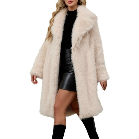 Yigetop Long Faux Fur Coat Women's Oversized Long Furry Jackets Warm Open Front Long Sleeve Lapel Winter Fluffy Outerwear Faux Fur Coat Women Beige 2XL
