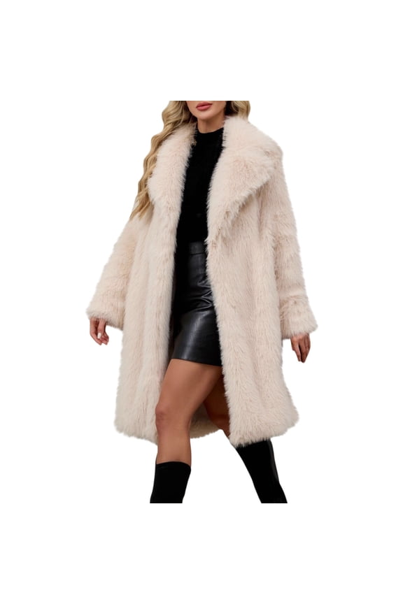 Long Faux Fur Coat Women's Oversized Long Furry Jackets Warm Open Front Long Sleeve Lapel Winter Fluffy Outerwear Faux Fur Coat Women Beige L