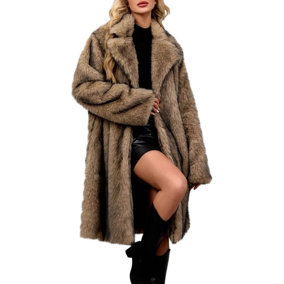 Yigetop Long Faux Fur Coat Women's Oversized Long Furry Jackets Warm Open Front Long Sleeve Lapel Winter Fluffy Outerwear Faux Fur Coat Women Gold M