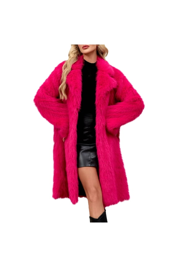 Long Faux Fur Coat Women's Oversized Long Furry Jackets Warm Open Front Long Sleeve Lapel Winter Fluffy Outerwear Faux Fur Coat Women Hot Pink S