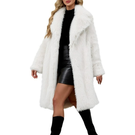 Yigetop Long Faux Fur Coat Women's Oversized Long Furry Jackets Warm Open Front Long Sleeve Lapel Winter Fluffy Outerwear Faux Fur Coat Women White S
