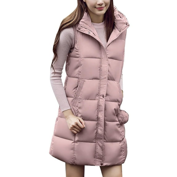 Yigetop Long Puffer Vest Women, Women's Casual Zipper Pocket Loose Hooded Sleeveless Long Coat Vest Fall Clothes for Women Pink A