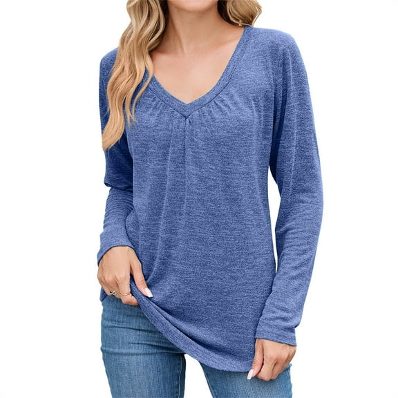Yigetop Long Sleeve Casual Tops for Women, Womens T Shirts V Neck Short/Long Sleeve Casual Tops Soft Solid Basic Tee Fall Clothes Blue S