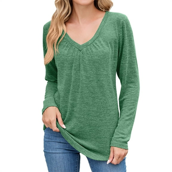 Yigetop Long Sleeve Casual Tops for Women, Womens T Shirts V Neck Short/Long Sleeve Casual Tops Soft Solid Basic Tee Fall Clothes Green S