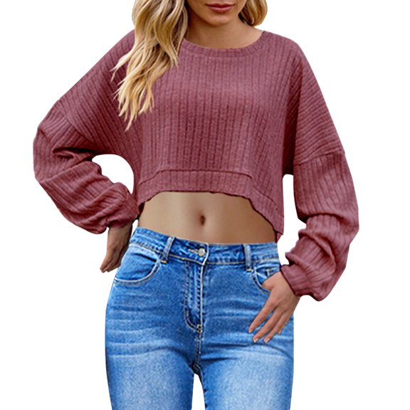 Yigetop Long Sleeve Crop Tops for Women, Womens Winter Clothes Fashion Round Neck Solid Color Long Sleeve Tops for Women Crop Lightweight Work Shirts Oversized Crop Tops for Women Wine L