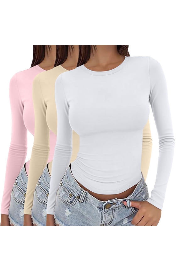 Long Sleeve Shirts for Women, 3 Pack Women Y2K Basic Long Sleeve Top Slim Basic Tee Round Neck Dupe Crop Layering Slim Top Blouse Aesthetic Streetwear Tight Long Sleeve Shirts for Women F M