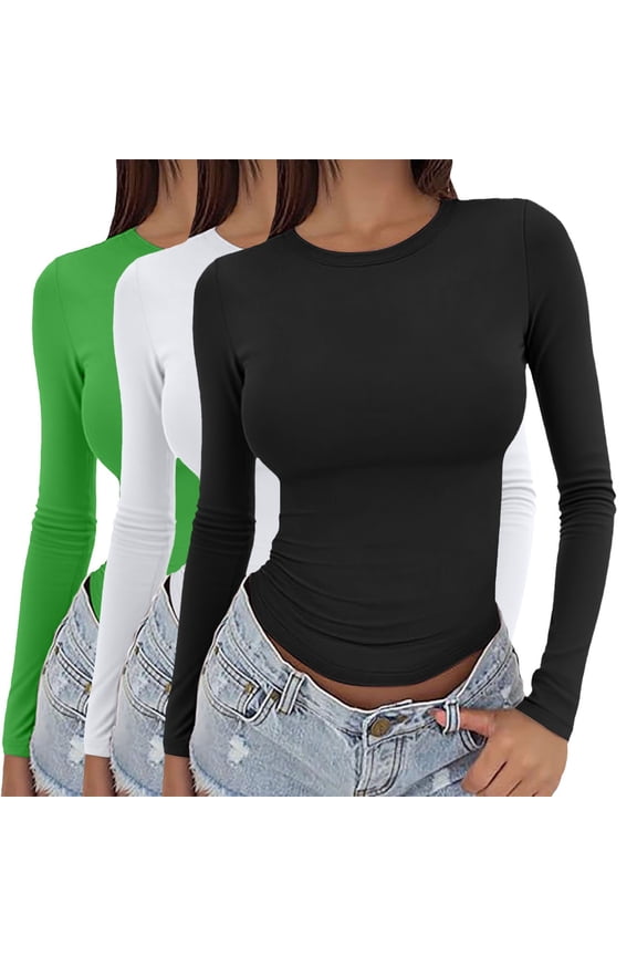 Long Sleeve Shirts for Women, 3 Pack Women Y2K Basic Long Sleeve Top Slim Basic Tee Round Neck Dupe Crop Layering Slim Top Blouse Aesthetic Streetwear Tight Long Sleeve Shirts for Women Q S
