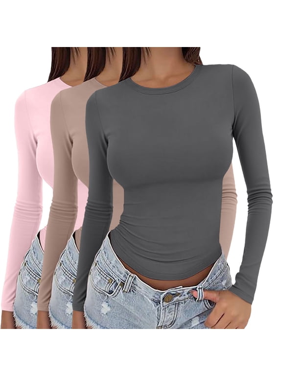 Long Sleeve Shirts for Women, 3 Pack Women Y2K Basic Long Sleeve Top Slim Basic Tee Round Neck Dupe Crop Layering Slim Top Blouse Aesthetic Streetwear Tight Long Sleeve Shirts for Women Y XS